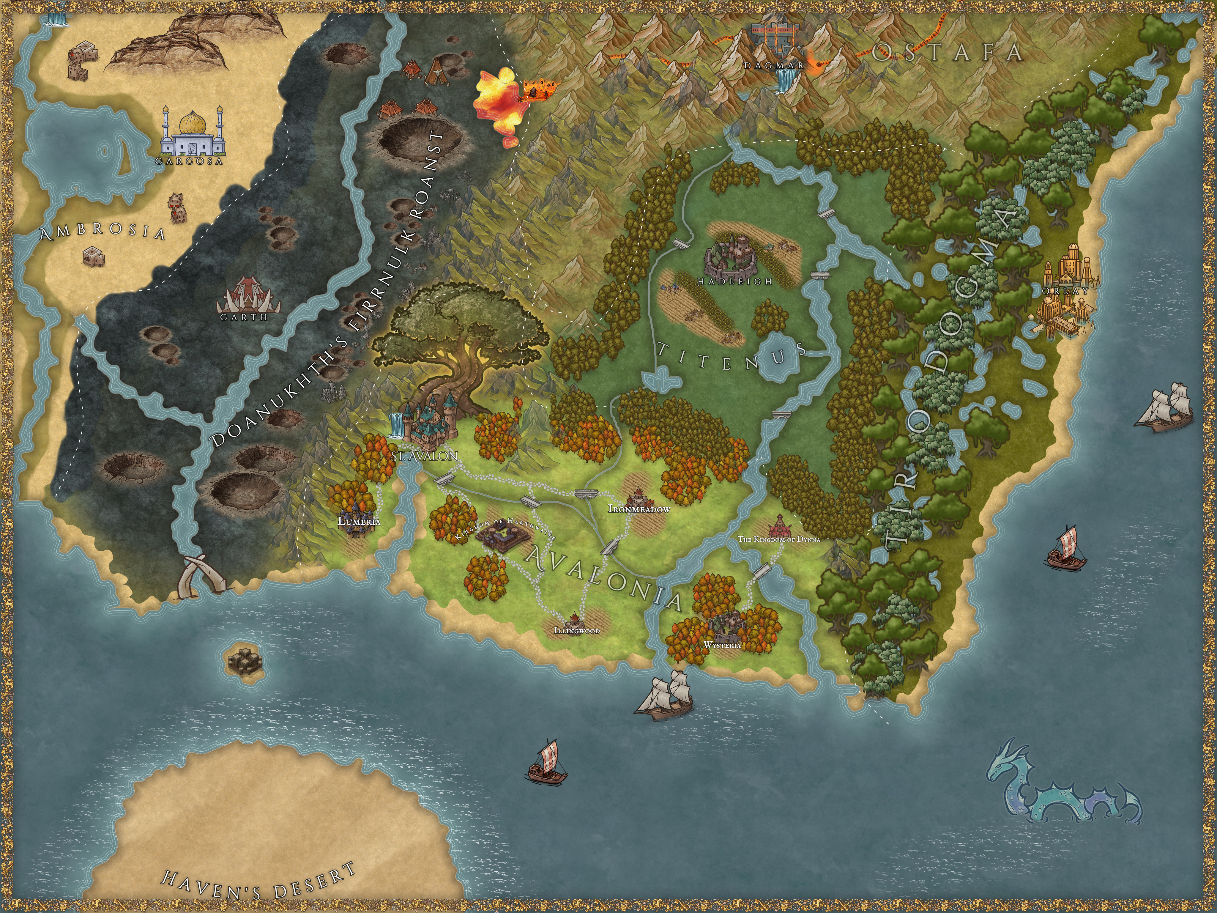 Map of Avalonia - A vast fantasy world with continents, oceans, and mystical lands